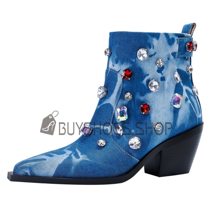 Bout Fermé Habillé Talon Carré A Talon Mi Haut Denim Strass Bottine Bout Pointu Bleu Roi Femme