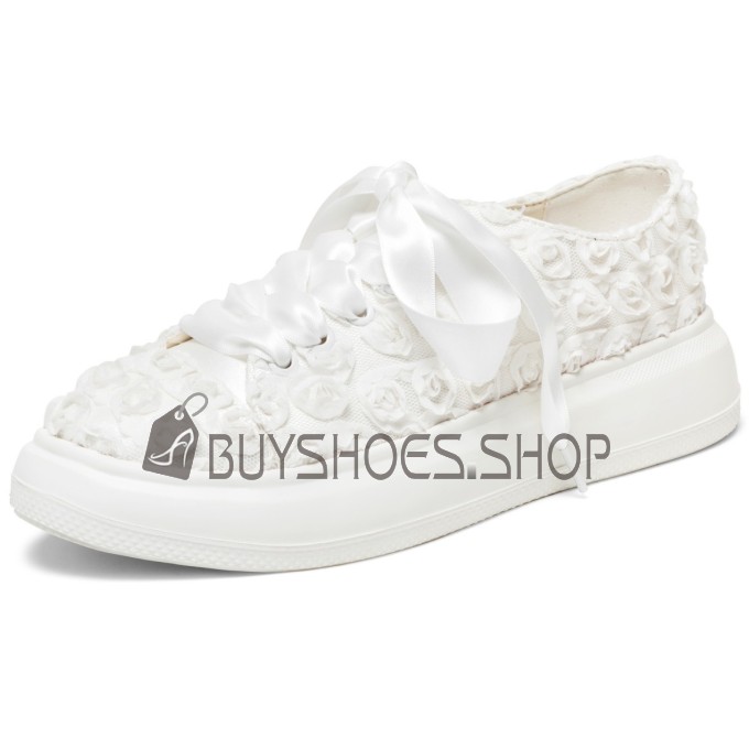 Scarpe Da Sposa Plateau Punta Chiusa Scarpe A Fiori Stringate Piatti Con Fiocco Sneakers Comode