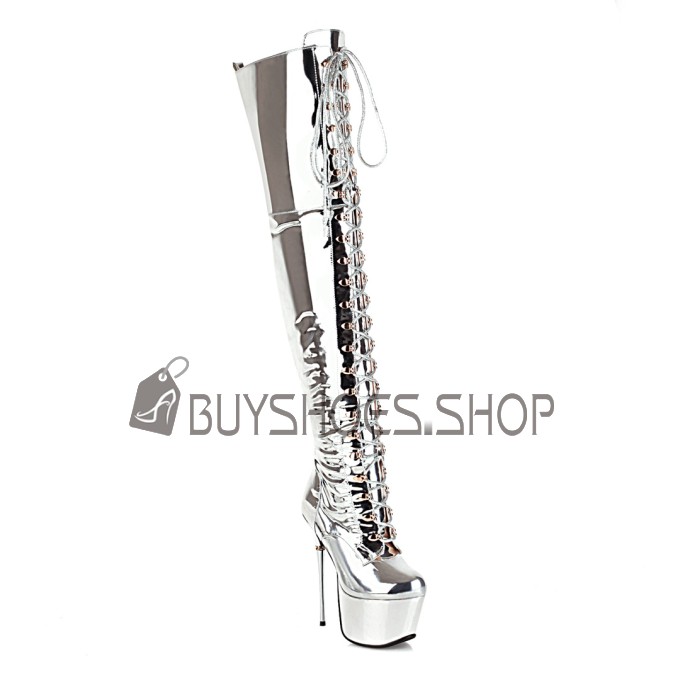 Stilettos Metallic Silver Platform Over The Knee Boots 6 inch High Heel Tall Boots