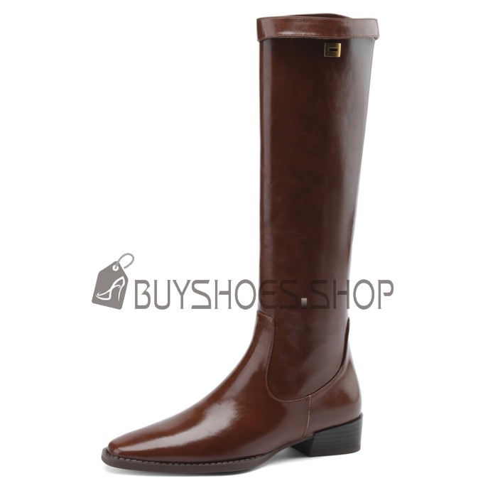 Vintage Natural Leather Tall Boot Patent Leather Fur Lined Flats Classic Going Out Shoes Riding Comfort Pointed Toe Knee High Boot