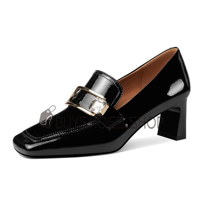 With Metal Jewelry Loafers Beautiful Business Casual Mid Heels Block Heel Patent Leather With Rhinestones Office Shoes