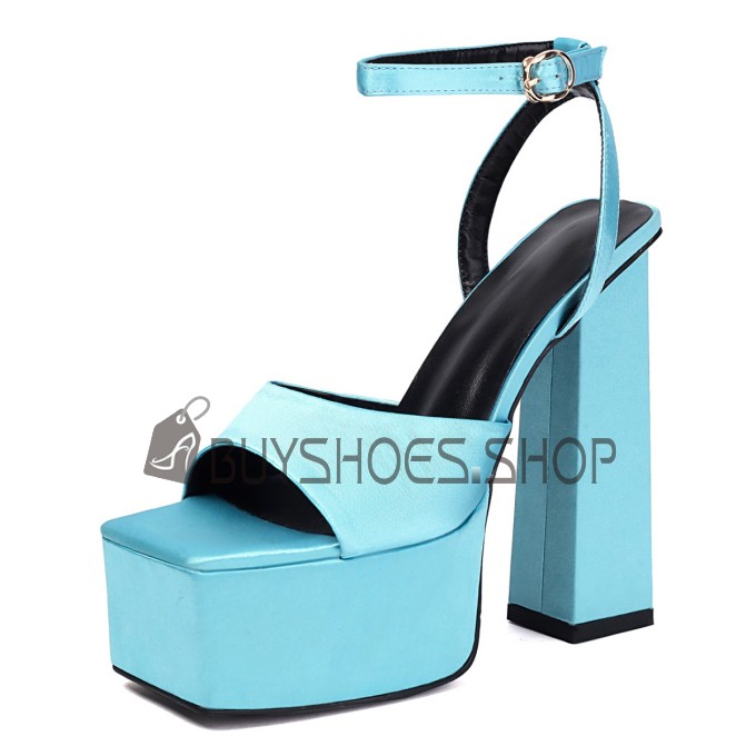 Saten Plataforma Tacón Cuadrado Tacon Ancho Tacon Alto Clasico Sandalias Para Mujer Peep Toe Hebillas