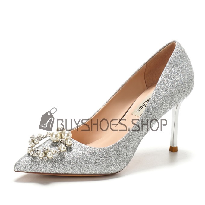 Pailletten Spitz Stilettos 8 cm High Heel Schlupfschuhe Pumps Silber Hochzeitsschuhe Luxus Festliche Schuhe