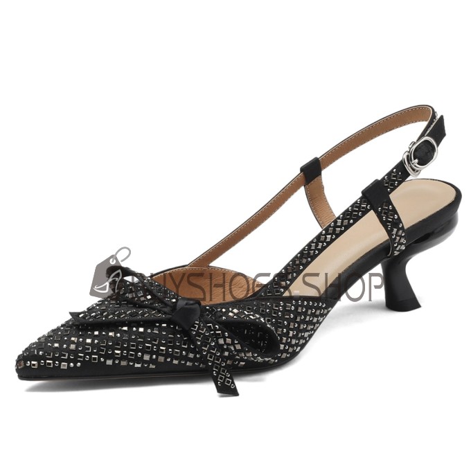 Elegante Sparkle Satijnen Glitter Strik Spitse Neus Slingback Lage Hakken