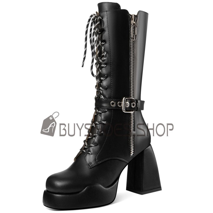 Buy Combat Classic Round Toe Leather Block Heels 4 inch High Heel Thick Heel Boots For Women Belt Buckle 6223220968F BuyShoes.Shop