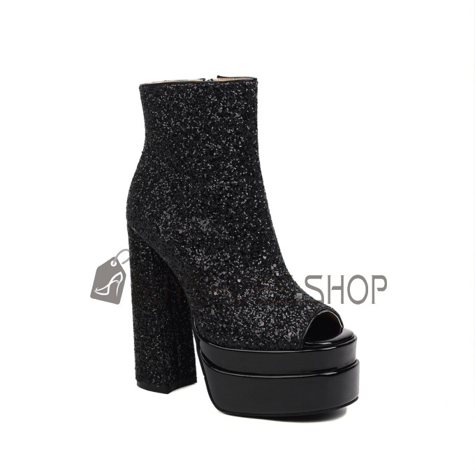 Booties For Women Party Shoes Thick Heel Block Heel High Heels Sequin Black Fashion Platform