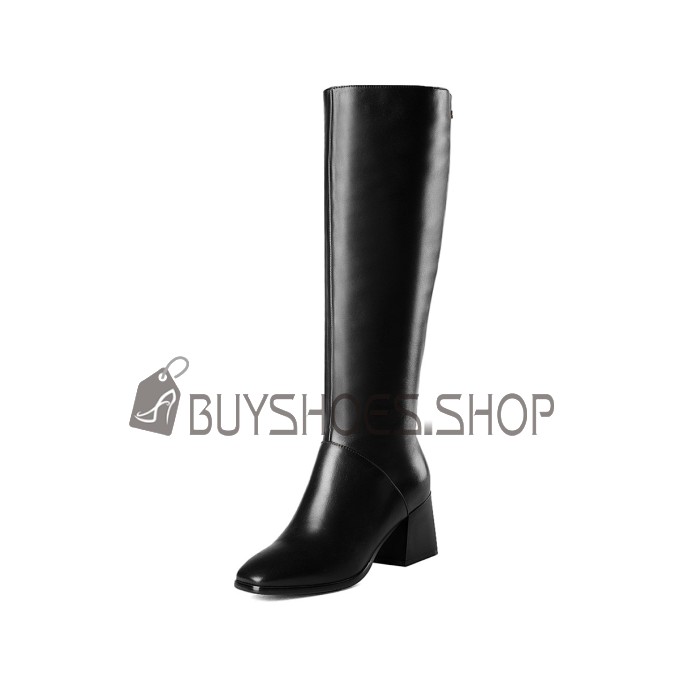 Full Grain Chunky Classic Black Knee High Boot Leather Fall 6 cm Heeled Closed Toe Riding Boot