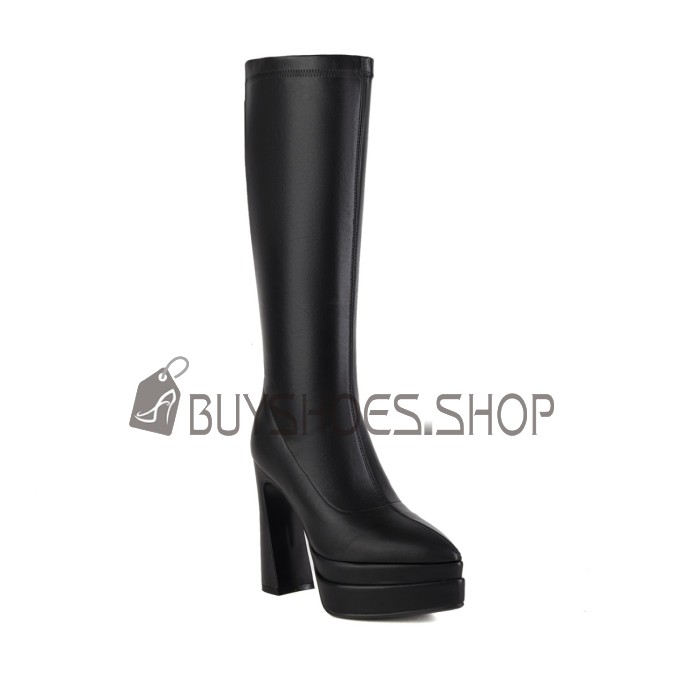 Knee High Boots Comfortable Fur Lined Block Heels Chunky 5 inch High Heel Faux Leather Tall Boot Riding Boots Pointed Toe Platform