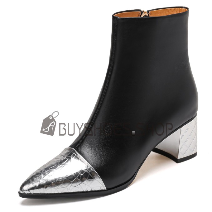 Winter Mit Blockabsatz Elegante Blockfarben Schwarze Metallic Boots Damen Klassisch Ankle Boots 6 cm Mittlerer Absatz Geschlossene Zehe Gefütterte Spitz