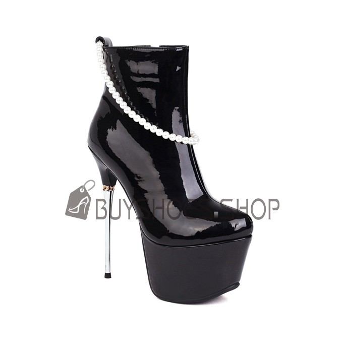 Schwarze Rund Spitze Stilettos Gefütterte Mit Perle High Heels Winter Stiefeletten Mit Absatz Plateau