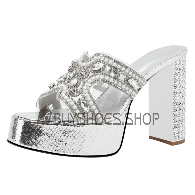 Peeptoe 11 cm High Heel Mode Glitter Met Steentjes Zomer Plateauzool Sandalette Muiltjes Met Blokhak