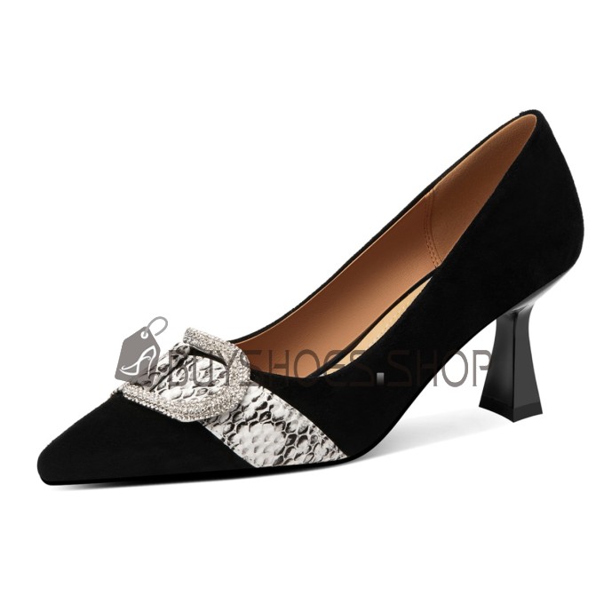 Spitse Neus Naaldhakken 7 cm Middelhoge Hakken Leer Zwarte Schoenen Dames Slangenprint Formele Strass Pumps Suede