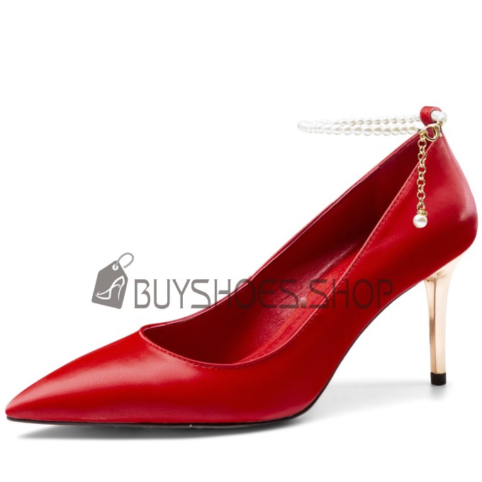 Läder Pumps Med Ankelrem Arbetsskor Classic Stilettklack Business Casual Med Pärlor Finskor Skor Dam 8 cm Höga Klackar