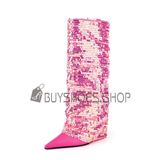 Sparkly Fuchsia Gradient Knee High Boots Glitter Wedges Tall Boots Fold Over Pointed Toe High Heels