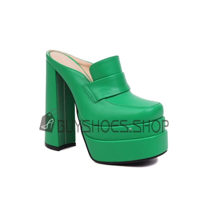 Vintage Block Heels Platform Going Out Footwear Mules Classic Faux Leather 15 cm High Heels Chunky Heel Patent Green