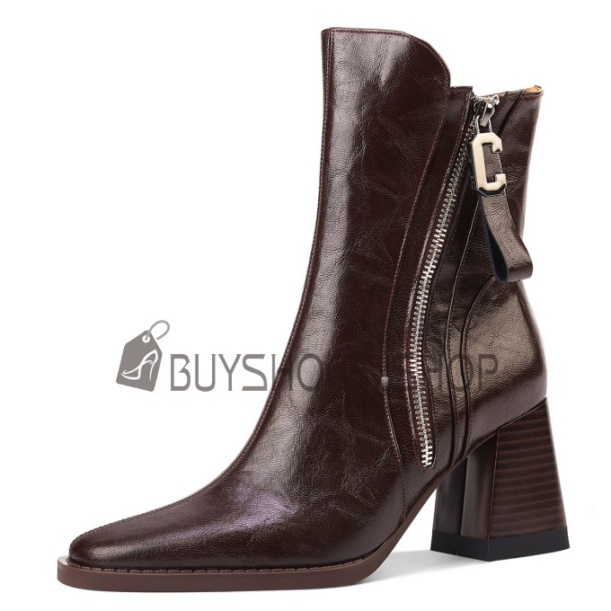 Talon Carre Boots Femme Vintage Bout Carre Bottine Femme Cuir Graine Talon Mi Haut Fermeture Eclair