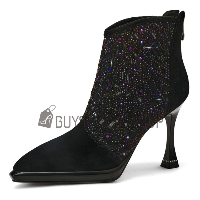 Bottines Femme Daim Brillante Talon Haut 10 cm Ceremonie Bottes D Été Talons Aiguilles Cuir Strass