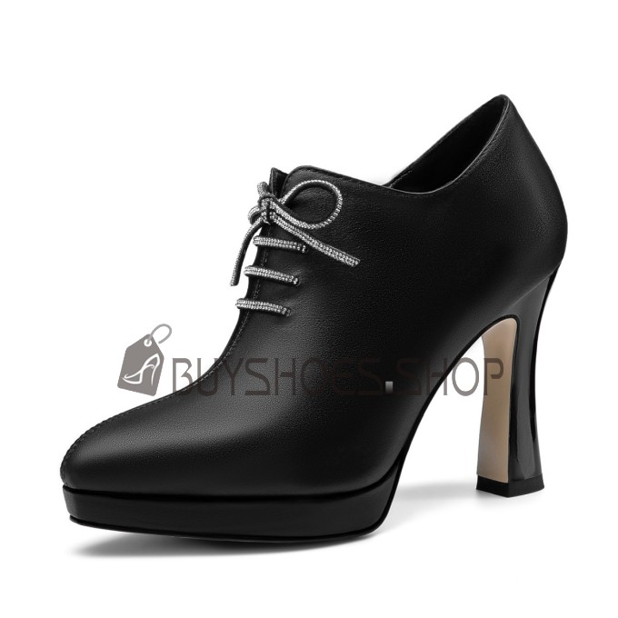 Black Elegant Classic High Heel Chunky Heel Shootie Leather With Bow Pointed Toe