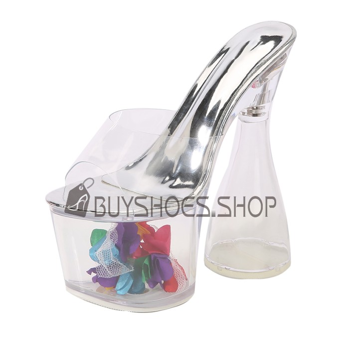 Online With Flower Platform Sandals Sparkly Silver LED