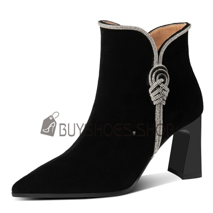 Black Dress Shoes Block Heel Pointed Toe High Heel Rhinestones Chunky Heel Beautiful Suede Ankle Boots For Women