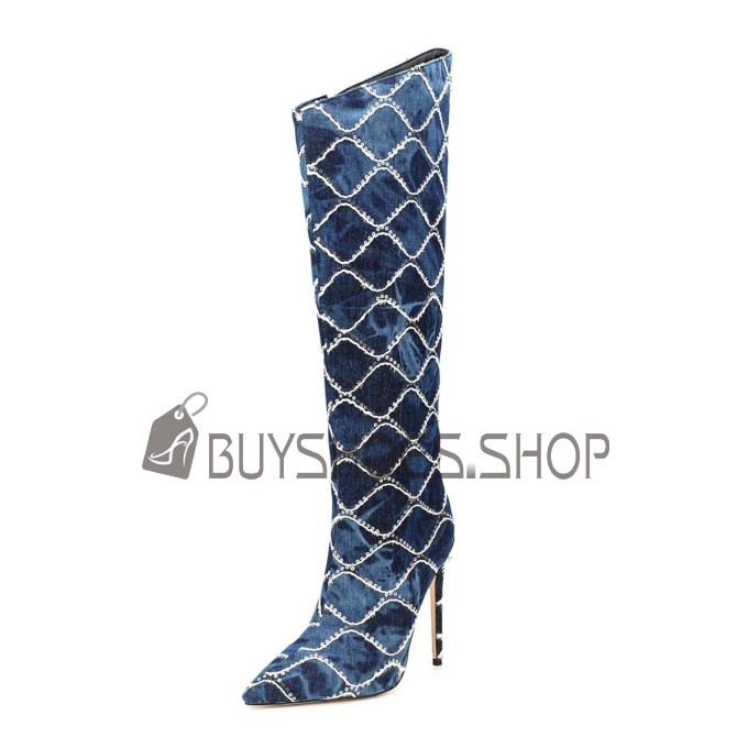 12 cm Tacco Alto Con Tacco A Spillo Luccicante Con Pelo Interno Moda Stivali Alti Glitter Blu Jeans