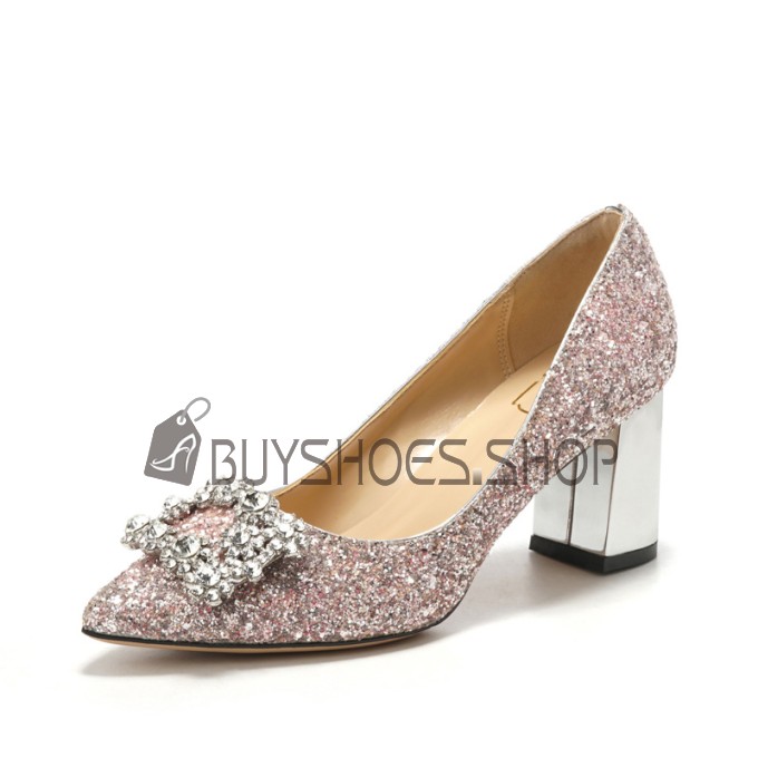 Rose Goud Met Steentjes Blok Hak Dames Schoenen Glitter Bruidsschoenen 7 cm Heels Pumps