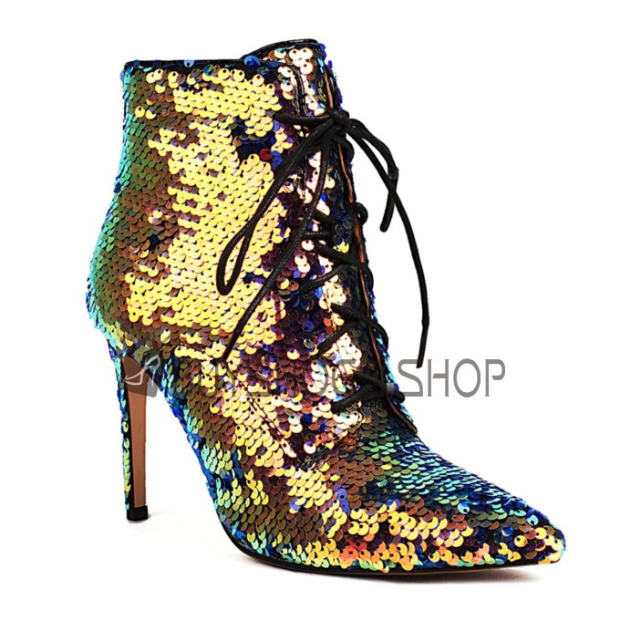 10 cm High Heels Glitter Stilettos Lace Up Sparkly Ombre Ankle Boots For Women Going Out Shoes