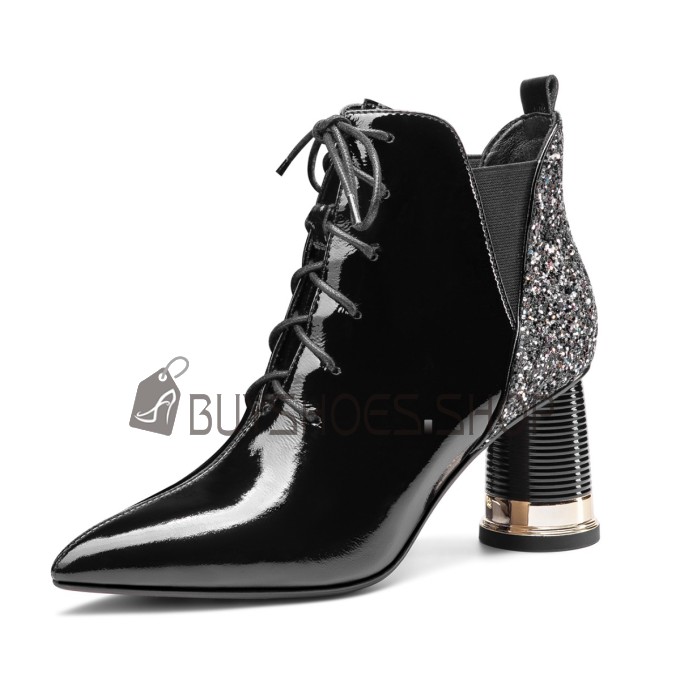Blockabsatz Moderne Elegante Lack Ankle Boots Schwarz Glitzer Mit