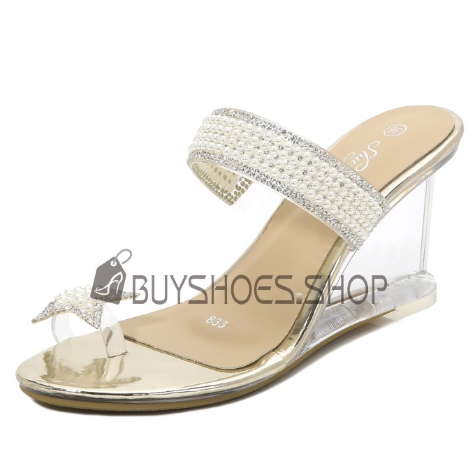 Chic Spuntate Tacco Alto 8 cm Zeppa Con Perle Sandali Donna Trasparenti