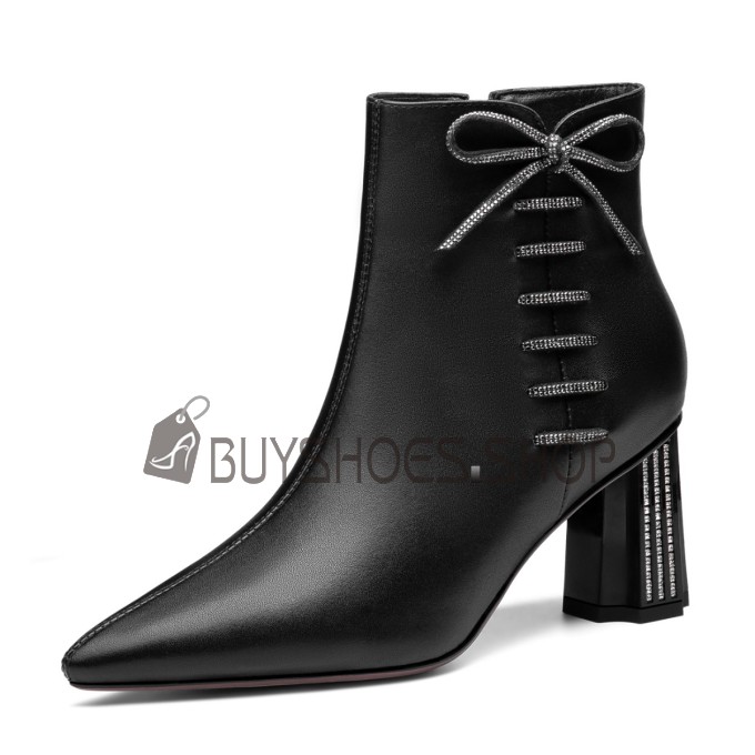 Bottine Noeud Casual Cuir Noir Talons Carrés A Talon 7 cm Talons Epais Boots Femme Fourrées Cuir Grainé