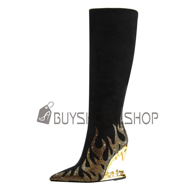 A Talon Suède Talon Spécial Moderne Knee Boots Brillante Bottes Haute Graffiti Fermeture Éclair