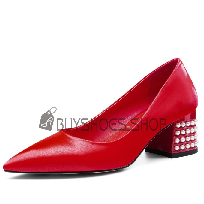Elegante Mode Pumps Abendschuhe Spitz Mit Blockabsatz Schuhe Leder Schlupfschuhe Mit Perle Rot 5 cm Low Heel