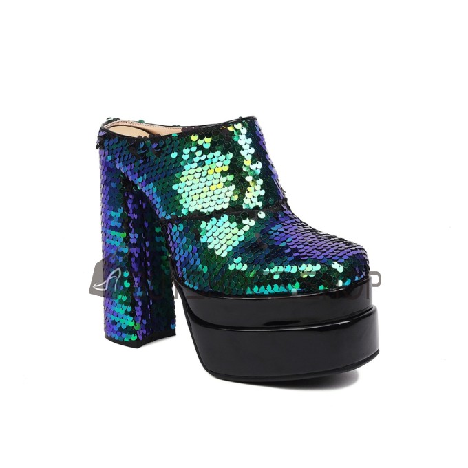 Glitter Feest 15 cm High Heel Ombre Muiltjes Groen Sparkle Blok Hak Gesloten Neus