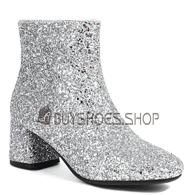 Sparkly Fur Lined 2023 Chunky Heel Casual Sequin Closed Toe Round Toe Ankle Boots Block Heel Comfort Mid Heels