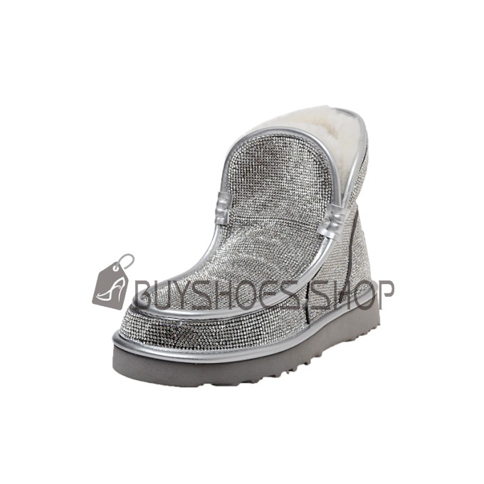 Sequin Fur Snow Boots Sparkly Fur Lined Faux Fur Stylish Silver Booties