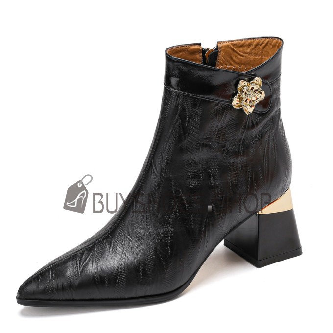 Chunky Heel Mid Heel Block Heels Classic Elegant Flower Fur Lined Pointed Toe Ankle Boots Vintage Buckle