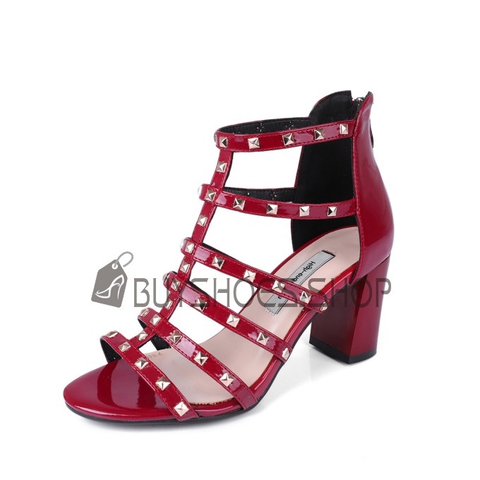 Sandalen Dames Bordeaux Rode Blokhakken 8 cm High Heel Leren Klassiek Gladiatorsandalen Met Studs