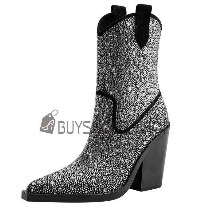 Booties For Women Sparkly Elegant Going Out Footwear Chunky Heel High Heels Block Heel Rhinestones Faux Leather Fashion