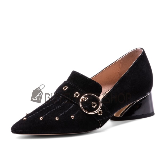 Loafers Lage Hakken Met Studs Comfort Suede Blok Hak Klassiek Zwarte  Schoenen Dames Leer Online 9721200477F | BuyShoes.Shop