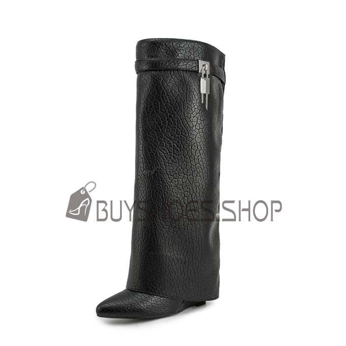 Habillé Talons Epais Fourrées Bottes Femme Mi Mollet En Relief Imprimé Crocodile Noir Talons Hauts