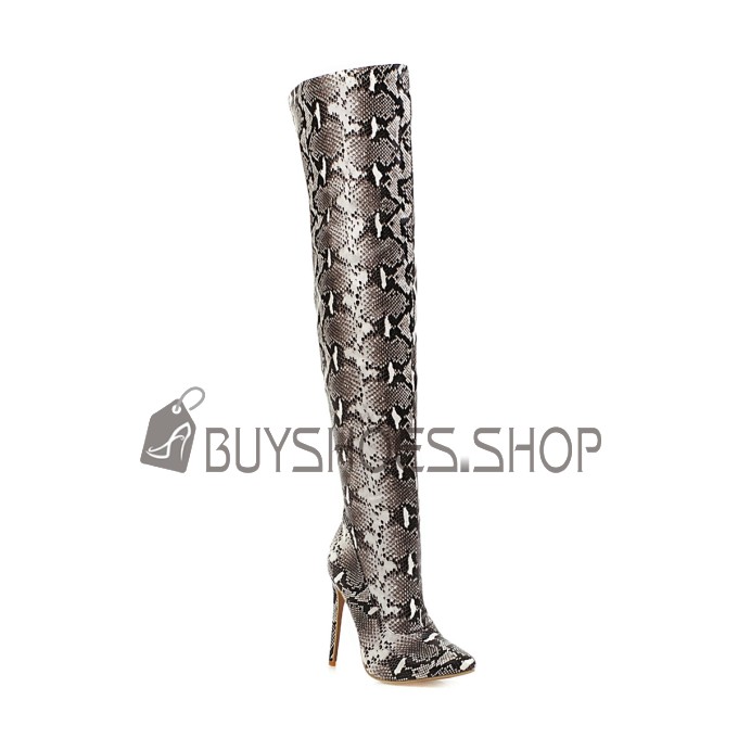 High Heel Over The Knee Boots Faux Leather Stiletto Classic Gray Pointed Toe Fur Lined