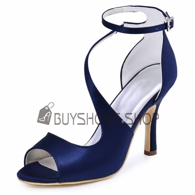 Élégant Bride Cheville Chaussure Mariage A Talon Haut 9 cm Boucle Bleu Marine Satin Peep Toes Sandale Femmes