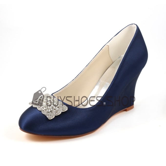 Mit Absatz Rund Mit Strasssteine Keilabsatz Satin Marineblau 8 cm High Heels Pumps Schuhe Damen Elegante Abendschuhe Brautschuhe