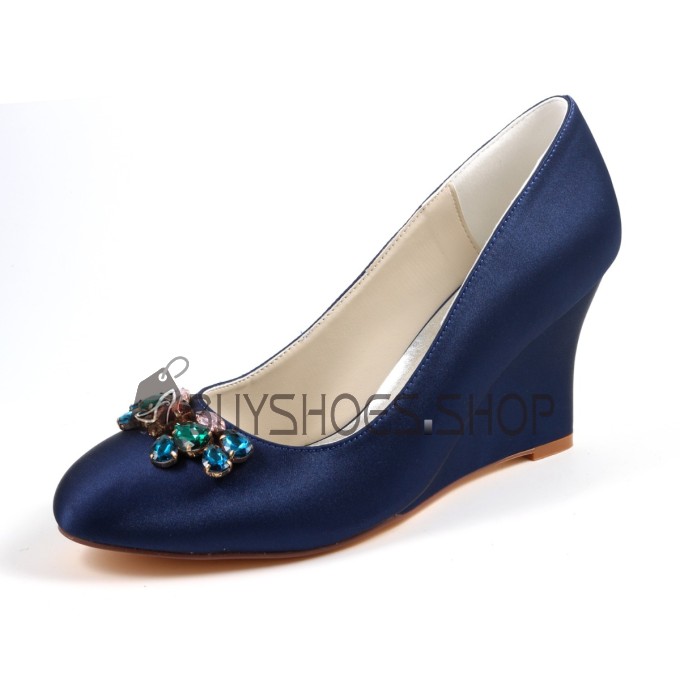 Elegante Sleehak Bruidsschoen Pumps Hoge Hak Satijnen Navy Blauwe Schoen