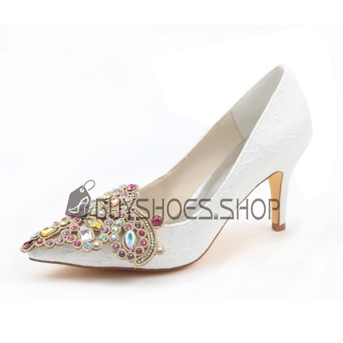 Pfennigabsatz Herrlich Brautschuhe Spitz Elegante Ballschuhe Ivory Frühjahr Kristall Pumps Mit 8 cm High Heels