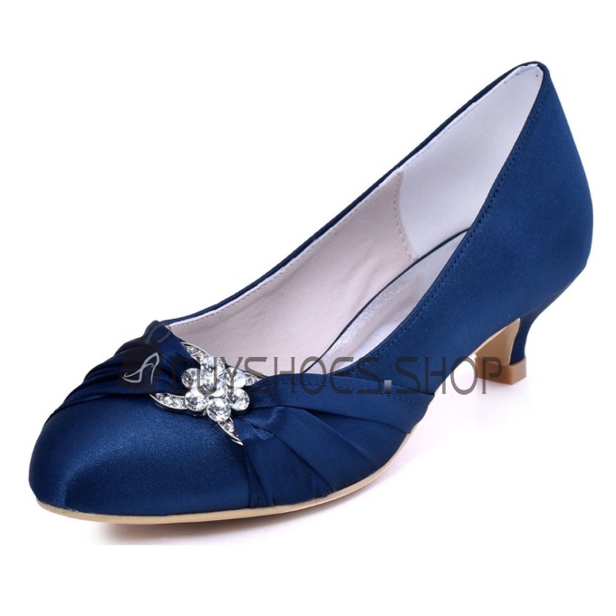 Kitten Heel Slip On Bleu Marine Satin Elegante A Petit Talon Escarpins Chaussure Femme